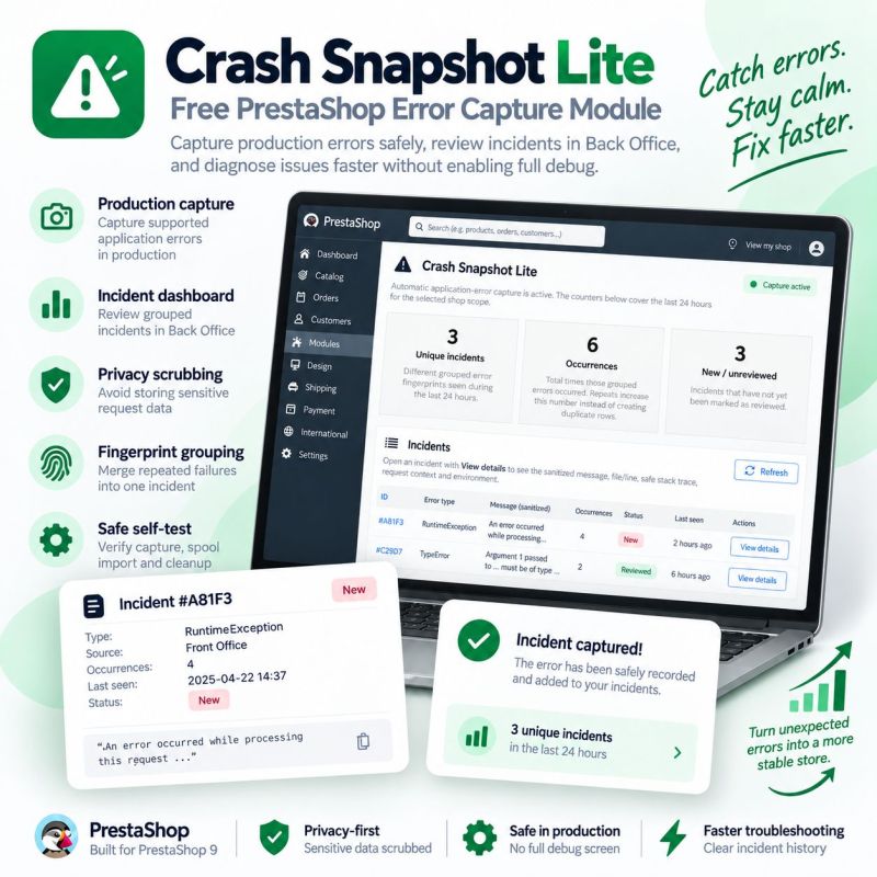Crash Snapshot Lite – PrestaShop 9 error capture Crash Snapshot Lite – PrestaShop 9 error capture